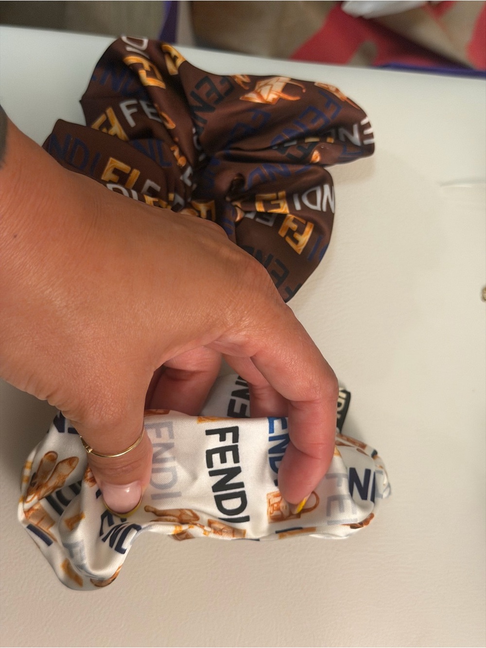Fendi silk Scrunchie bundle of 2 gwp- Brown & White - Picture 2 of 4